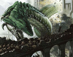 ambiguous_gender army atmospheric_perspective bridge charging christopher_moeller city cityscape destruction falling feral group hasbro human macro magic:_the_gathering mammal melee_weapon monster official_art open_mouth polearm restricted_palette roaring scalie sharp_teeth size_difference solo_focus spear teeth tongue weapon wurm