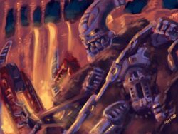 4:3 arachnid arthropod bionicle biped chains digital_media_(artwork) digital_painting_(artwork) fenrakk_(bionicle) lava lego machine male mask melee_weapon metal_chain mrbfox robot solo spider sword teeth vezon weapon yellow_eyes