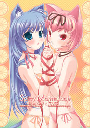  2girls animal_ears blue_eyes blue_hair bound_together bow bow_panties bra breast_press breasts cat_ears evemoina frilled_bra frilled_panties frills lingerie medium_breasts multiple_girls orange_bra orange_panties original panties photoshop_(medium) pink_bra pink_panties red_eyes red_hair side-tie_panties symmetrical_docking underwear underwear_only yousisi 