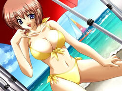  bikini blue_eyes breasts brown_hair cleavage day female game_cg large_breasts mizuno_makoto nyuukan_nurse! outdoors sakurai_miki short_hair solo swimsuit umbrella yellow_bikini 