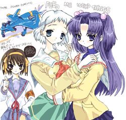  3girls aircraft airplane armband blue_sailor_collar blue_skirt breasts brown_eyes brown_hair clannad closed_mouth crossover dithering english_text green_skirt grey_eyes hair_bobbles hair_ornament hair_ribbon hairband hand_on_another&#039;s_back hand_on_another&#039;s_shoulder hands_up hikarizaka_private_high_school_uniform ichinose_kotomi interlocked_fingers jaggy_lines kita_high_school_uniform long_hair long_sleeves looking_at_viewer medium_breasts multiple_girls neck_ribbon neckerchief no_pupils oekaki orange_hairband orange_ribbon pleated_skirt propeller purple_eyes purple_hair red_neckerchief red_ribbon ribbon safety_pin sailor_collar school_uniform serafuku shizuku_(game) short_hair skirt suzumiya_haruhi suzumiya_haruhi_no_yuuutsu thumbs_up toshi_(little-fluffy-cloud) translation_request tsukishima_ruriko turtleneck two_side_up v-shaped_eyebrows white_hair white_sailor_collar winter_uniform yellow_serafuku 