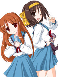  3girls asahina_mikuru blue_sailor_collar blue_skirt brown_hair cardigan dotekabocha kita_high_school_uniform long_sleeves multiple_girls nagato_yuki one_eye_closed sailor_collar school_uniform serafuku short_hair skirt suzumiya_haruhi suzumiya_haruhi_no_yuuutsu winter_uniform 