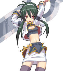  antenna_hair arms_up cleavage_cutout clothing_cutout female green_hair hairband long_hair long_sleeves midriff navel nilitsu pencil_skirt polaris_(shinrabanshou) red_eyes shinrabanshou shizuku_(shinrabanshou) skirt solo thighhighs zettai_ryouiki 