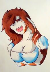 anthro big_breasts bovid bovine breasts brown_hair cattle closed_eyes female fur hair hair_over_eye hi_res horn laugh mammal markings one_eye_obstructed simple_background solo spots spotted_body spotted_fur white_body white_fur yalen-the-untaggable