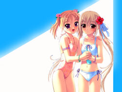  2girls bikini blonde_hair bottle flat_chest flower game_cg hair_flower hair_ornament hatsukoi hatsushima_anzu hibiscus long_hair multiple_girls nonohara_miki pink_flower purple_eyes red_eyes red_flower ribbon shiina_yusumi short_hair swimsuit tankini twintails 