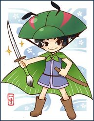  1boy black_border black_hair border cape full_body holding holding_sword holding_weapon issun legs_apart looking_at_viewer lowres male_focus mochiya_marosuke mushroom_hat okami phantom scabbard sheath smile source_request standing sword unsheathed weapon 