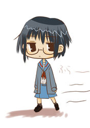  blue_sailor_collar blue_skirt cardigan eryu female glasses kita_high_school_uniform long_sleeves nagato_yuki sailor_collar school_uniform serafuku short_hair skirt solo suzumiya_haruhi_no_yuuutsu winter_uniform 