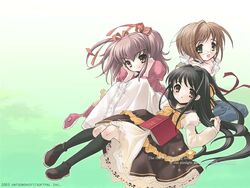  3girls :d :o black_hair blush book bow bowtie brown_eyes brown_hair buttons duplicate full_body glasses gradient_background green_background green_eyes hair_ribbon ito_noizi juliet_sleeves kneehighs komorebi_ni_yureru_tamashii_no_koe kouenji_ayana long_sleeves looking_at_viewer lying mary_janes multiple_girls on_back open_book open_mouth puffy_sleeves ribbon school_uniform serafuku shoes simple_background smile socks sui_(komorebi) tachibana_koharu two_side_up yellow_eyes 