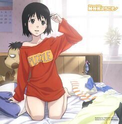  :d adjusting_hair arm_support bare_shoulders barefoot bed black_hair blue_skin blush bob_cut bottomless calendar_(object) casual clothes_writing colored_skin dress female grey_eyes hat hikikomori_alien indoors kneeling light_rays nakahara_misaki naked_sweater nhk_ni_youkoso! o_o off_shoulder official_art open_mouth peeping pillow plant potted_plant ruffling_hair santa_hat short_hair smile solo striped_clothes striped_thighhighs stuffed_animal stuffed_toy sunbeam sundress sunlight sweater thighhighs unworn_thighhighs window yoshida_takahiko 