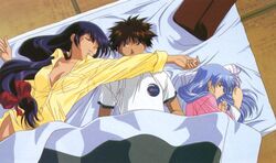  1boy 2girls bed bottomless dress_shirt hoshino_ruri jealous kidou_senkan_nadesico long_sleeves misumaru_yurika multiple_girls no_bra no_panties official_art open_clothes open_shirt pillow scan shirt sleeping tenkawa_akito yamaoka_shin&#039;ichi 