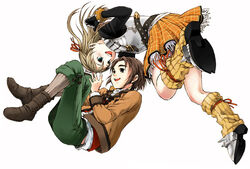  1boy armor armored_dress belt boots brown_hair cecile_(suikoden) female gensou_suikoden gensou_suikoden_iii jacket kazune orange_skirt rotational_symmetry skirt thomas_(suikoden) 