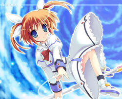  blush bow brown_hair character_name cloud female hair_ribbon long_sleeves lyrical_nanoha magical_girl mahou_shoujo_lyrical_nanoha onsokuzekuu photoshop_(medium) purple_eyes raising_heart red_bow ribbon shoes sky solo takamachi_nanoha takamachi_nanoha_(sacred_mode) twintails 