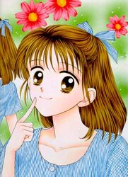  blue_dress blue_ribbon brown_eyes brown_hair close-up dress female finger_to_mouth hair_ribbon koishikawa_miki looking_at_viewer marmalade_boy ribbon short_hair smile solo_focus yoshizumi_wataru 