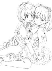  2girls asanagi coyote_ragtime_show cropped frills gothic_lolita greyscale headdress holding_hands juliet_sleeves line_art lolita_fashion long_hair long_sleeves march_(coyote_ragtime_show) monochrome multiple_girls open_mouth puffy_sleeves sep short_hair thighhighs twintails yuri zettai_ryouiki 