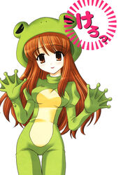  animal_costume asahina_mikuru blush bodysuit breasts brown_hair dot_nose female frog_costume frog_hat green_bodysuit highres juliet_sleeves large_breasts long_hair long_sleeves nekoma_kotomitsu puffy_sleeves scan solo suzumiya_haruhi_no_yuuutsu tongue tongue_out webbed_hands 