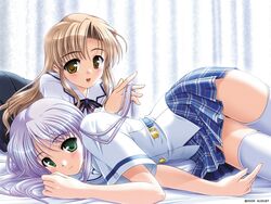  2005 2girls augustic_pieces bed bekkankou feena_fam_earthlight highres hozumi_sayaka looking_at_viewer lying miniskirt multiple_girls plaid plaid_skirt school_uniform skirt thighhighs third-party_source yoake_mae_yori_ruri_iro_na zettai_ryouiki 