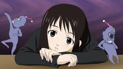  bob_cut brown_eyes brown_hair dancing female head_on_table hikikomori_alien long_sleeves looking_at_viewer monster nakahara_misaki nhk_ni_youkoso! parted_lips purple_background sanshita short_hair simple_background solo table upper_body 