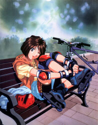  1990s_(style) :d artist_request bench bicycle bike_shorts bike_shorts_under_shorts black_gloves black_shorts blue_footwear bob_cut brick_floor brown_eyes brown_hair denim denim_shorts elbow_pads female fingerless_gloves foliage gloves helmet hood hoodie hugging_own_legs inline_skates knee_pads knee_up messy_hair morisato_megumi mountain_bicycle official_art oh_my_goddess! on_bench one_eye_closed open_mouth orange_hoodie park park_bench red_headwear retro_artstyle roller_skates scan shirt shoelaces shoes short_hair shorts sitting skates sleeveless sleeveless_hoodie smile solo t-shirt tomboy towel tying_footwear unworn_headwear unworn_helmet yellow_shirt 