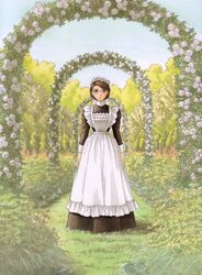  arch black_dress dress emma_(victorian_romance_emma) female floral_arch flower garden glasses long_sleeves maid mori_kaoru nature outdoors rose scenery solo victorian victorian_maid victorian_romance_emma 