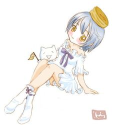  artist_request bisuke-tan blue_hair dress feline female food kfc legs looking_at_viewer lowres mini_flag object_on_head pancake purple_ribbon ribbon short_hair short_sleeves simple_background socks solo source_request white_background white_dress white_socks yellow_eyes 