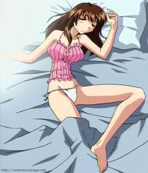  anime_screenshot barefoot bed breasts brown_hair camisole closed_eyes female large_breasts long_hair lying nanako_kaitai_shinsho on_back panties pillow shichigusa_nanako side-tie_panties sleeping solo underwear white_panties 