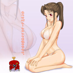  barefoot bikini blush breasts brown_hair cleavage feet female fuchikoma ghost_in_the_shell large_breasts long_hair nyurupon operator_(gits) ponytail red_eyes solo sweat swimsuit translated white_bikini zoom_layer 