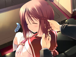  1boy alternate_hairstyle amazuyu_tatsuki blush bow claw_hair_clip closed_eyes closed_mouth couch female folded_ponytail from_above from_behind game_cg hair_between_eyes hair_down hair_ornament hairclip hairdressing hands_on_lap hands_on_own_thighs indoors kneehighs komaki_manaka kouno_takaaki light_smile long_sleeves looking_back miniskirt on_couch out_of_frame parted_bangs pink_bow pleated_skirt pov red_skirt school_uniform shadow shirt short_hair sitting skirt smile socks solo_focus swept_bangs table to_heart_(series) to_heart_2 tying_hair unworn_hair_ornament unworn_hairclip white_shirt white_socks 