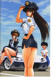  2girls ^_^ ayukawa_madoka black_eyes black_hair blue_eyes brown_hair car closed_eyes convertible cuffs gun handcuffs high-waist_skirt high_heels highres hiyama_hikaru honda_s2000 kasuga_kyousuke kimagure_orange_road legs long_hair looking_back matsumoto_izumi miniskirt motor_vehicle multiple_girls necktie on_vehicle one_eye_closed pencil_skirt police police_uniform policewoman shoes short_hair sitting skirt smile sports_car sweatdrop uniform weapon 