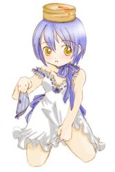  artist_request bisuke-tan blue_hair blue_panties blue_ribbon dress dress_tug female food holding holding_clothes holding_panties holding_underwear kfc looking_at_viewer lowres object_on_head pancake panties ribbon short_hair simple_background solo source_request strap_slip underwear unworn_panties white_background white_dress yellow_eyes 