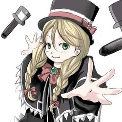  artist_request august_(coyote_ragtime_show) blonde_hair bow braid coyote_ragtime_show female green_eyes hair_over_shoulder hat long_hair long_sleeves lowres ribbon shawl smile solo top_hat twin_braids white_background 