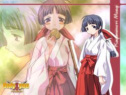  ahoge blue_eyes blue_hair blunt_bangs blush_stickers broom copyright_name drop_shadow eating female food frown hair_ornament hair_ribbon hakama hakama_skirt hime_cut holding holding_food japanese_clothes kagamimori_moegi logo long_hair long_sleeves miko multiple_views mutsumi_masato only_you only_you_recross ponytail red_hakama ribbon skirt standing 