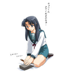  asakura_ryouko blue_sailor_collar female half_updo kita_high_school_uniform knife long_sleeves photoshop_(medium) revision sailor_collar school_uniform serafuku sharpening socks solo suzumiya_haruhi_no_yuuutsu tessei whetstone white_socks winter_uniform 