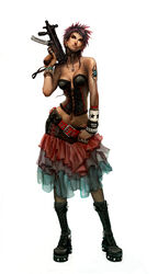  all_points_bulletin armband arnold_tsang bad_source belt boots breasts charlotte_bloodrose cleavage collar corset ear_piercing earrings eyebrow_piercing female flower full_body groin gun jewelry medium_breasts midriff navel necklace photoshop_(medium) piercing pink_hair platform_footwear ring rose short_hair simple_background skirt skull solo spiked_hair spikes standing submachine_gun tattoo udon_entertainment weapon 