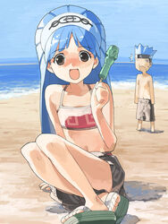  1boy beach bikini blue_hair brother_and_sister brown_eyes day feet female flat_chest food hairband headband kizaki_(volvox) long_hair ocean open_mouth outdoors popsicle sandals shaman_king siblings sitting skirt sky smile spiked_hair sports_bikini surprised sweatdrop swimsuit usui_horokeu usui_pirika water 