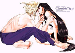  1boy barefoot blonde_hair brown_hair character_name chibigou cloud_strife couple female final_fantasy final_fantasy_vii full_body imminent_kiss long_hair low-tied_long_hair straight tifa_lockhart white_background 