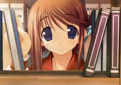  :o amazuyu_tatsuki blue_eyes blush book bookshelf bookshelf_pov brown_hair female folded_ponytail highres indoors komaki_manaka library looking_at_viewer parted_lips school_uniform short_hair solo to_heart_(series) to_heart_2 