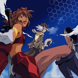  .hack// .hack//sign 1boy album_cover bee_train blue_background cd_(source) cover dark-skinned_female dark_skin female honeycomb_(pattern) honeycomb_background mimiru_(.hack//) non-web_source official_art ohsawa_satoshi_(bee_train) tattoo tsukasa_(.hack//) 