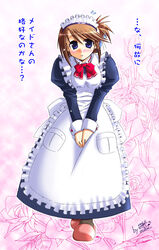  apron bad_id blue_eyes blush bow brown_hair female floral_background flower folded_ponytail frilled_apron frills hair_up headdress komaki_manaka long_sleeves looking_at_viewer maid maid_apron maid_headdress nagase_takeshi pink_background red_bow red_footwear rose rose_background short_hair simple_background slippers solo to_heart_(series) to_heart_2 translation_request white_apron 