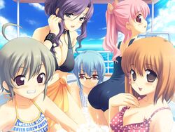  5girls ahoge ass ayanobe_tamami bath bikini blue_hair blush boat breast_envy breasts choker cleavage collar day everyone frown game_cg glasses grin katagiri_megumi kouzuki_chihaya kusari large_breasts leaning_forward looking_back multiple_girls ocean ohara_tometa orange_hair orihara_akeno orihara_shino pink_eyes pink_hair polka_dot polka_dot_bikini purple_hair sakura_koharu smile swimsuit watercraft wristband 