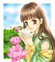  artist_request bad_hands bare_shoulders blue_sky blunt_bangs brown_eyes brown_hair cloud day detached_sleeves female flower gensou_suikoden gensou_suikoden_v holding holding_flower lips long_hair long_sleeves lymsleia_falenas sky smile solo upper_body 