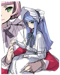  2girls akaga_hirotaka blue_hair bow close-up doll dress gothic_lolita green_eyes hat himeno_fumi holding holding_hands kazahana_mashiro lipstick lolita_fashion long_hair long_sleeves lowres maid makeup multiple_girls my-hime parody pink_hair rozen_maiden short_hair sketch smile 