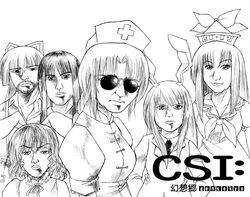  6+girls animal_ears artist_request crossover csi csi_miami everyone fujiwara_no_mokou fusion greyscale houraisan_kaguya inaba_tewi kamishirasawa_keine man_face monochrome multiple_girls parody pun rabbit_ears reisen_udongein_inaba touhou yagokoro_eirin 