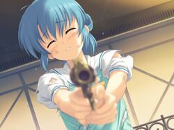  aiming aiming_at_viewer blue_hair blurry blush closed_eyes depth_of_field female game_cg gun handgun holding holding_gun holding_weapon katagiri_megumi kusari non-web_source ohara_tometa revolver sakura_koharu school_uniform short_hair smile solo tears torn_clothes weapon 