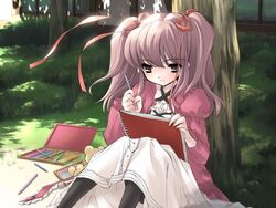  against_tree book drawing_(action) female game_cg ito_noizi komorebi_ni_yureru_tamashii_no_koe kouenji_ayana long_sleeves outdoors pantyhose sitting solo tree twintails under_tree 