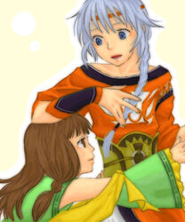  1boy :d bare_shoulders blue_eyes braid brown_eyes brown_hair detached_sleeves female freyjadour_falenas gensou_suikoden gensou_suikoden_v grey_hair hair_over_shoulder headband height_difference long_hair long_sleeves lowres lymsleia_falenas megimegi open_mouth sash simple_background single_braid smile tabard yellow_background 