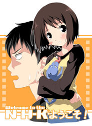  1boy between_breasts bob_cut breasts brown_eyes brown_hair female hikikomori_alien kantoku long_sleeves nakahara_misaki nhk_ni_youkoso! photoshop_(medium) raglan_sleeves satou_tatsuhiro short_hair 