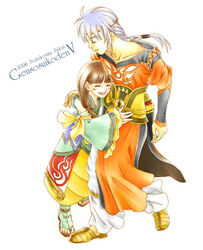  1boy 2006 ^_^ ^o^ bare_shoulders blush braid brown_hair closed_eyes copyright_name detached_sleeves female freyjadour_falenas gensou_suikoden gensou_suikoden_v grey_hair height_difference long_hair long_sleeves lymsleia_falenas nyoro_(artist) parted_lips sandals sash short_hair simple_background single_braid tabard teeth white_background 