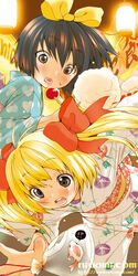  2girls bag bagged_fish black_eyes black_hair blonde_hair bow candy_apple cotton_candy festival fish floral_print food goldfish hairbow heart heart_print inuburo japanese_clothes kimono lantern long_sleeves multiple_girls nicomi.com open_mouth original paper_lantern sweatdrop tripping twintails watermark web_address yukata 