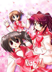  3girls brown_eyes floral_background flying_sweatdrops folded_ponytail hair_between_eyes komaki_manaka kousaka_tamaki long_hair long_sleeves multiple_girls nagase_takeshi red_eyes red_hair red_skirt school_uniform serafuku shirt short_hair simple_background skirt to_heart_(series) to_heart_2 twintails two_side_up white_shirt yuzuhara_konomi 