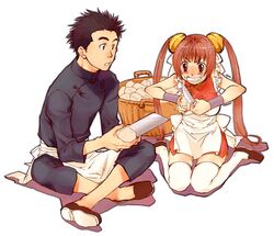  1boy angry apron basket black_hair blush brown_eyes brown_hair china_dress chinese_clothes crossed_legs dress female furudori_yayoi knife long_sleeves original peeling potato sitting thighhighs twintails wariza 